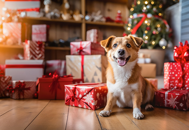 Puppy with Christmas tree and gifts
