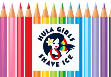 Photo of colored pencils with the Hula Girls Shave Ice logo on top of them