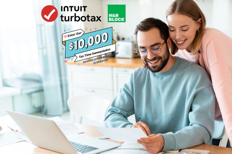 Couple at laptop with Intuit Turbotax and H&R Block logos, plus banner stating 